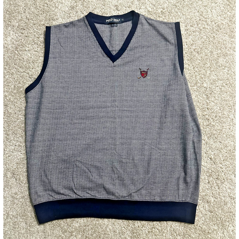 Polo Golf Ralph Lauren Men’s XL Sweater Vest Black White Herringbone V-Neck Logo